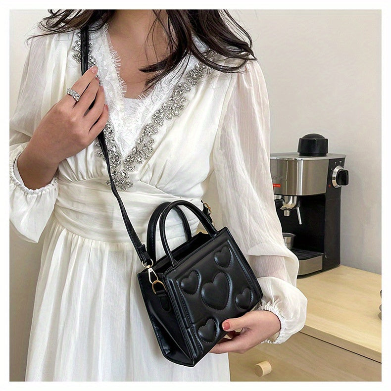 1pc Women’s Stylish Solid Color Handbag with Detachable Strap – Heart Pattern Design, Perfect for Valentine’s Day Gift, Available in Magenta, White, Black, Green, Yellow